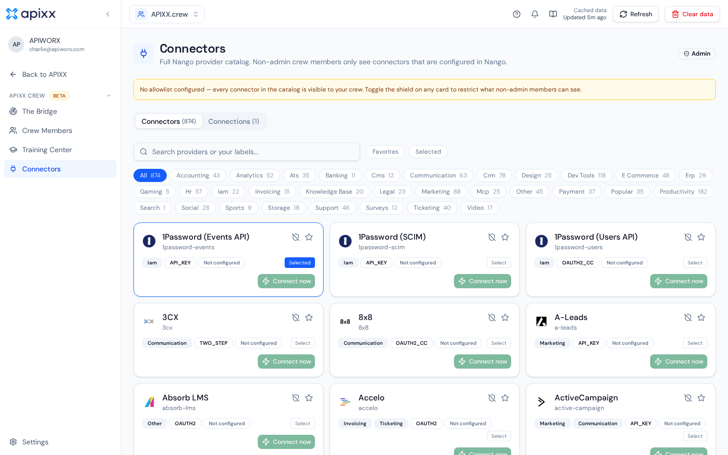 apixx.crew Connections view — the catalog of connectors an admin has exposed to crew members