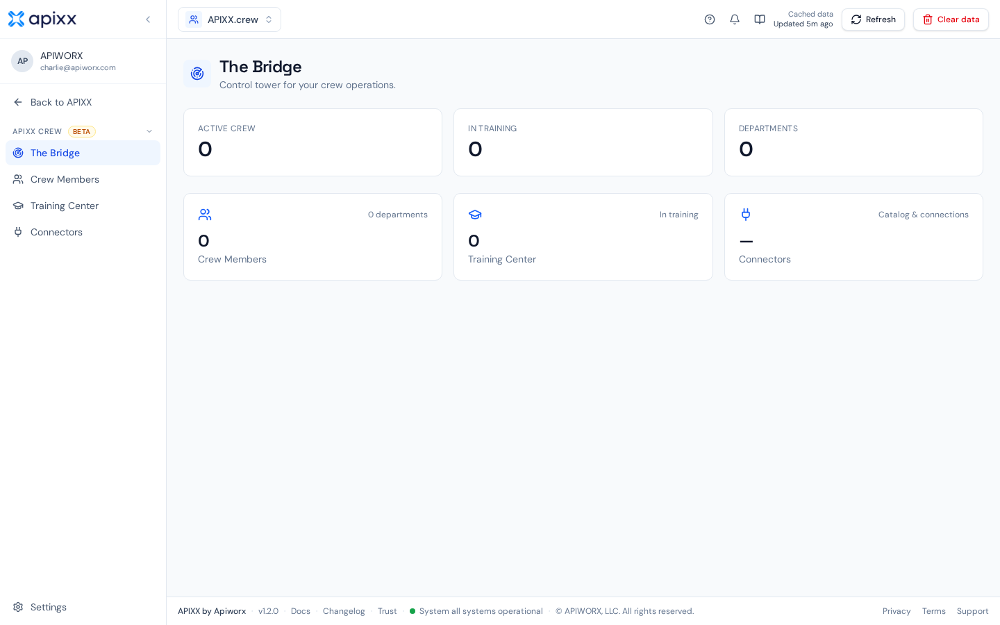 apixx.crew Bridge — a control tower view of every AI crew member, their connections, and recent actions