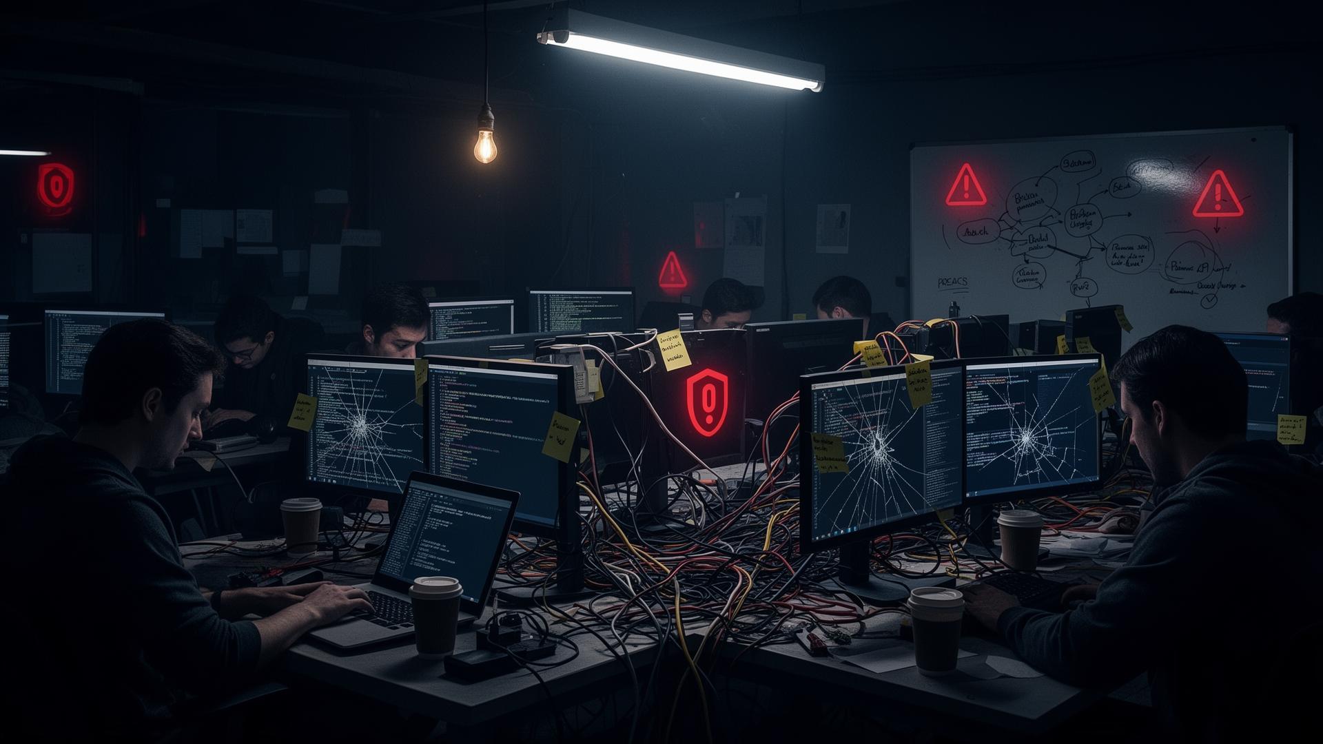 A chaotic offshore code body shop with tangled cables, cracked monitors, sticky-note passwords, and red security warnings — illustrating the operational and security risk of cheap integration developers