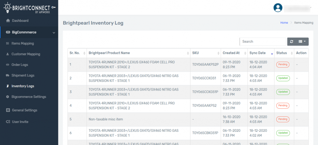 Brightpearl & Bigcommerce - View Inventory Sync Logs

