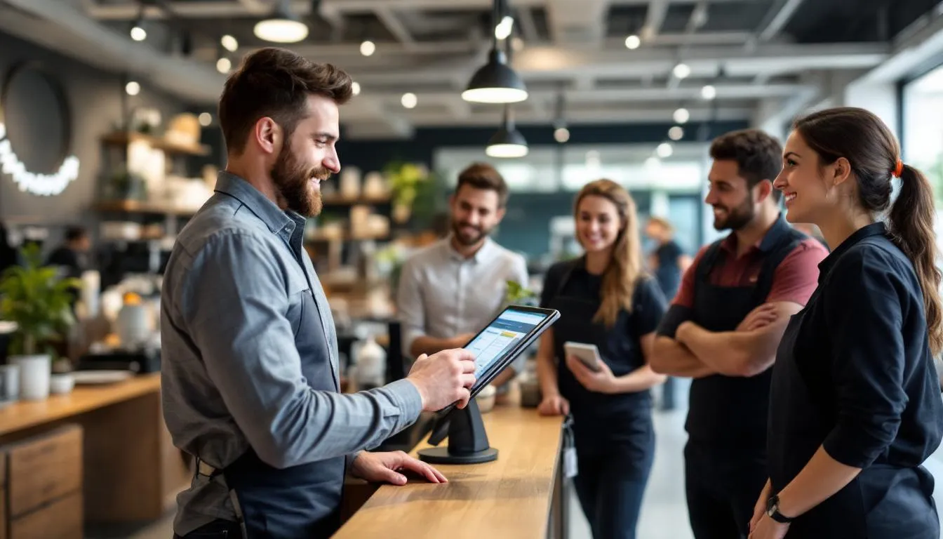 A business owner is training staff on how to use a new tablet-based POS system, which enables them to accept payments, including contactless payments and credit cards, while managing inventory and sales reports. The training focuses on streamlining operations for their small business, ensuring staff can efficiently handle customer transactions and utilize the full suite of POS software features.